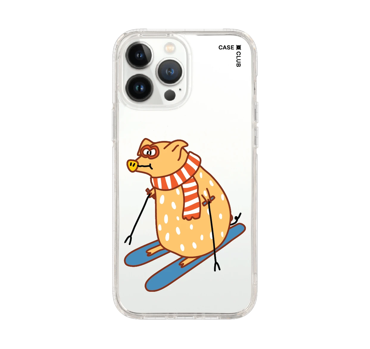 iphone 12/ 13 pro max clear case skiing pig